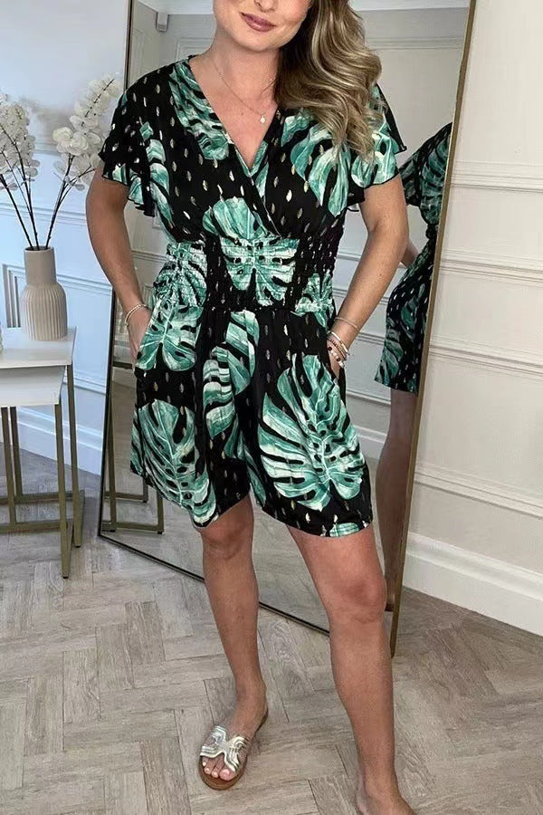 Leaf Print Shorts Jumpsuit Summer Beach Short-sleeved Bodysuit For Women Clothing JaysEssentials
