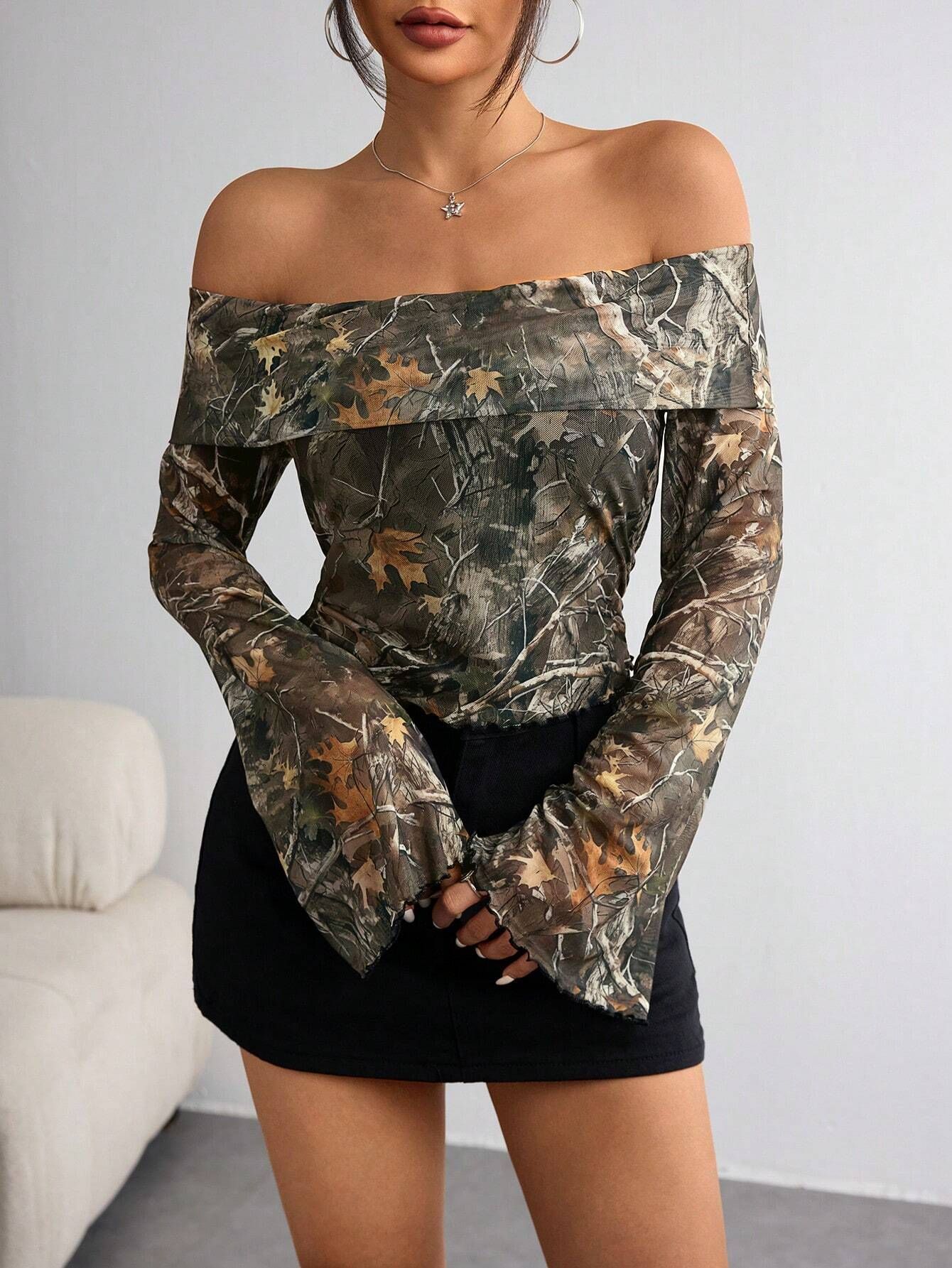 Mesh Printed Off Shoulder Long Sleeve Fitted T Shirt Top in Olive