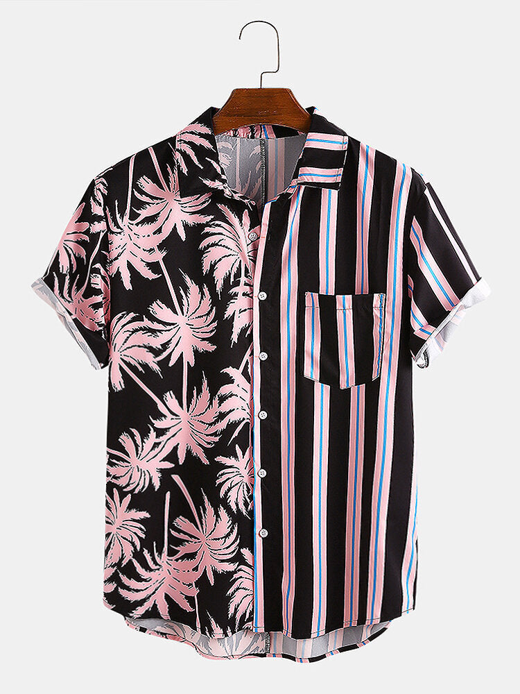 Men Clothing Summer New Men's Coconut Print Striped Shirt