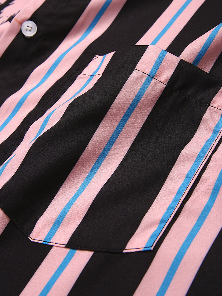 Men Clothing Summer New Men's Coconut Print Striped Shirt