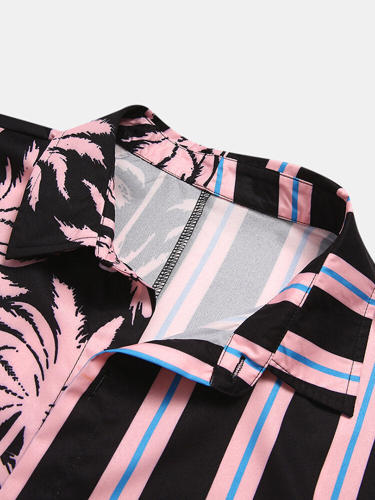 Men Clothing Summer New Men's Coconut Print Striped Shirt