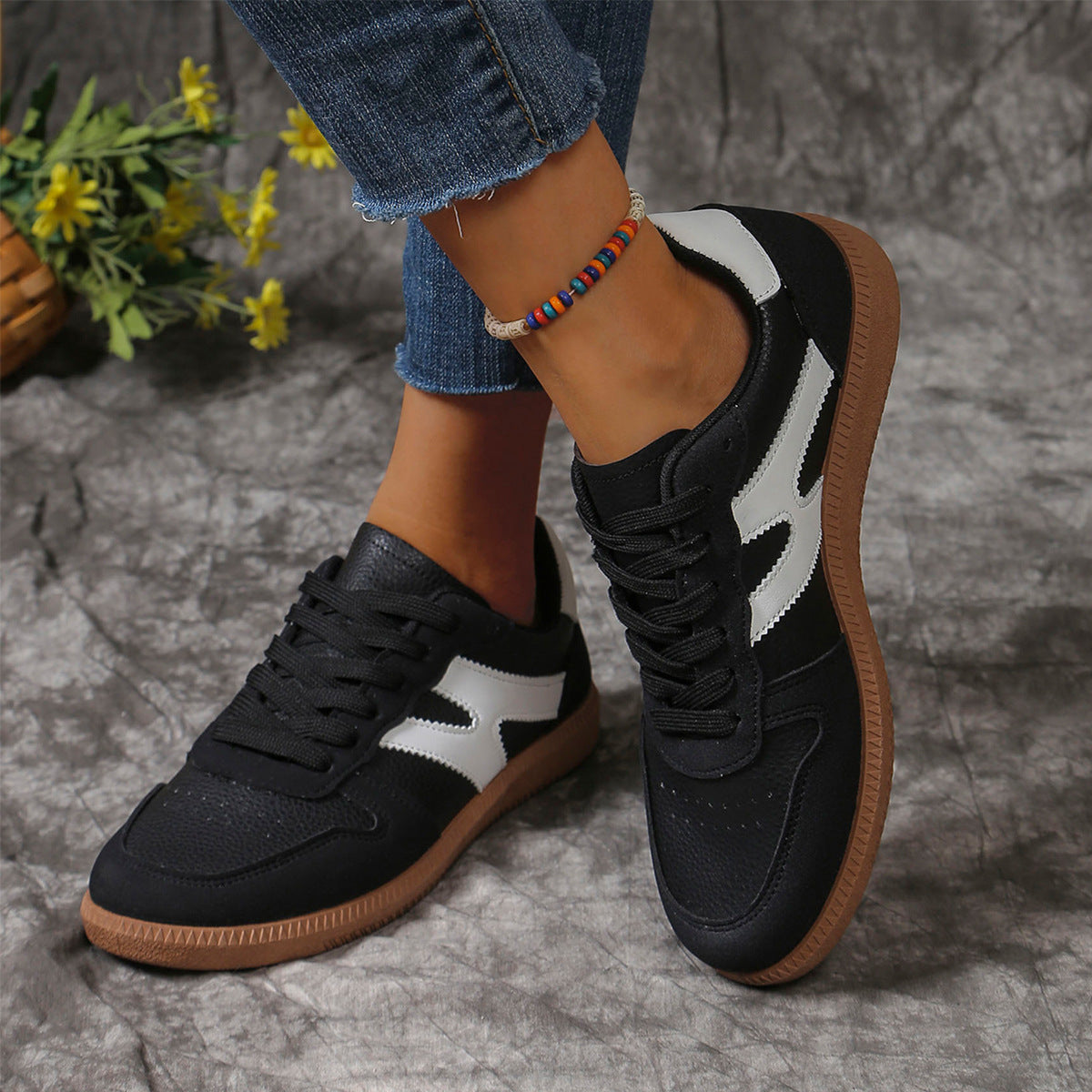 New Colorblock Lace-up Flats Shoes For Women Casual Style