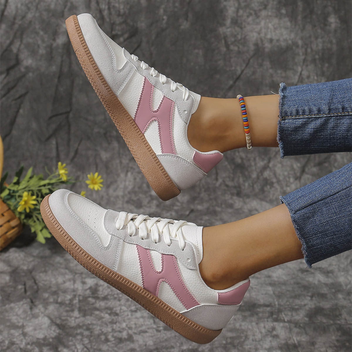 New Colorblock Lace-up Flats Shoes For Women Casual Style