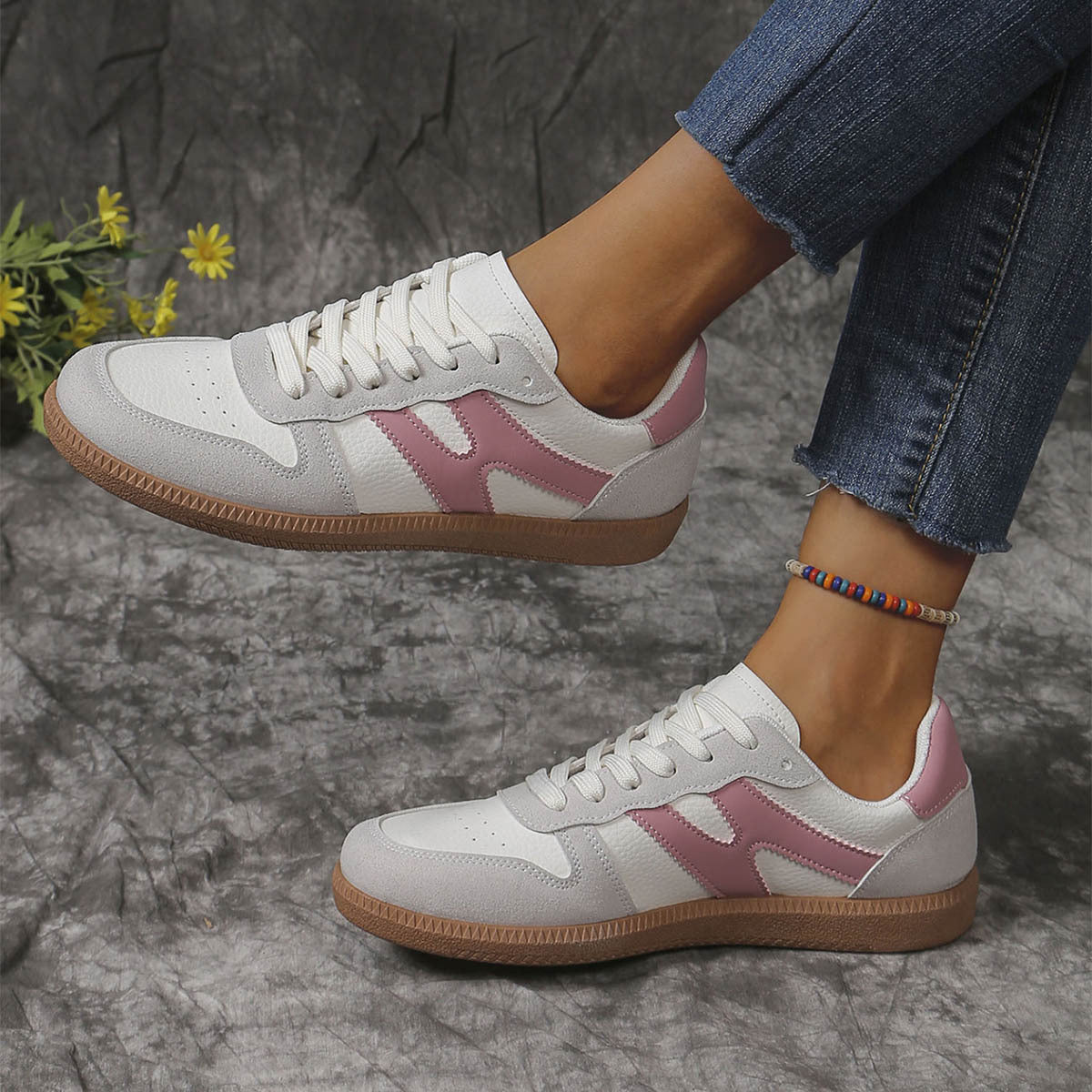 New Colorblock Lace-up Flats Shoes For Women Casual Style