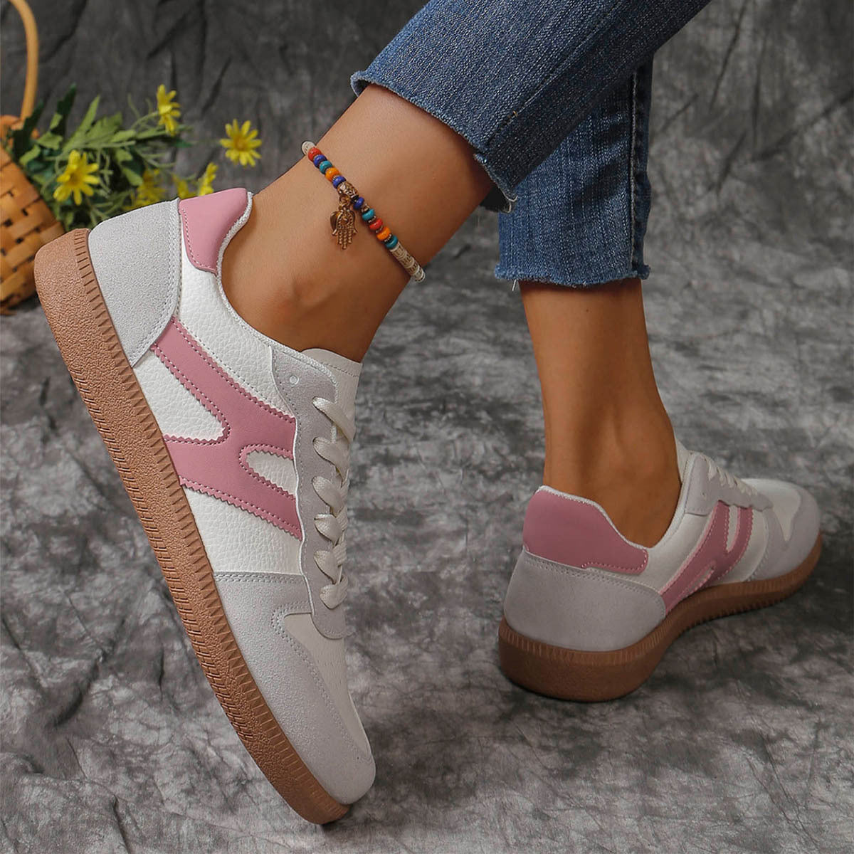 New Colorblock Lace-up Flats Shoes For Women Casual Style