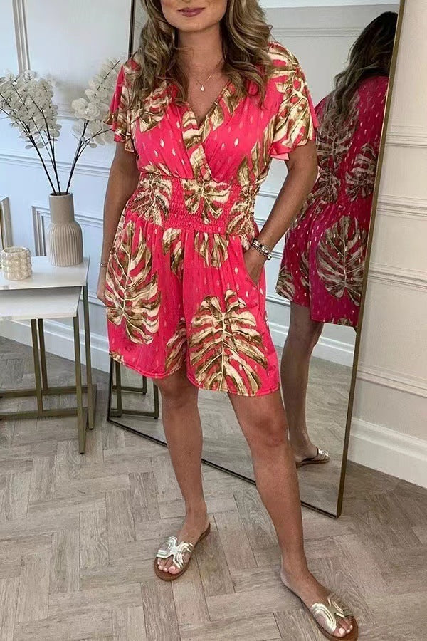 Leaf Print Shorts Jumpsuit Summer Beach Short-sleeved Bodysuit For Women Clothing JaysEssentials