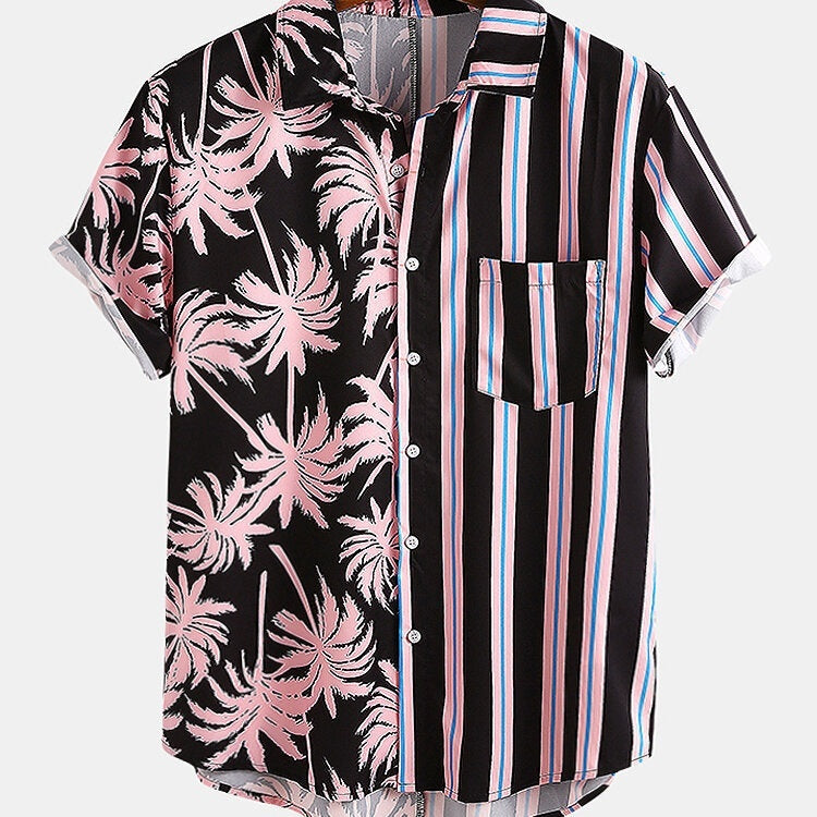 Men Clothing Summer New Men's Coconut Print Striped Shirt