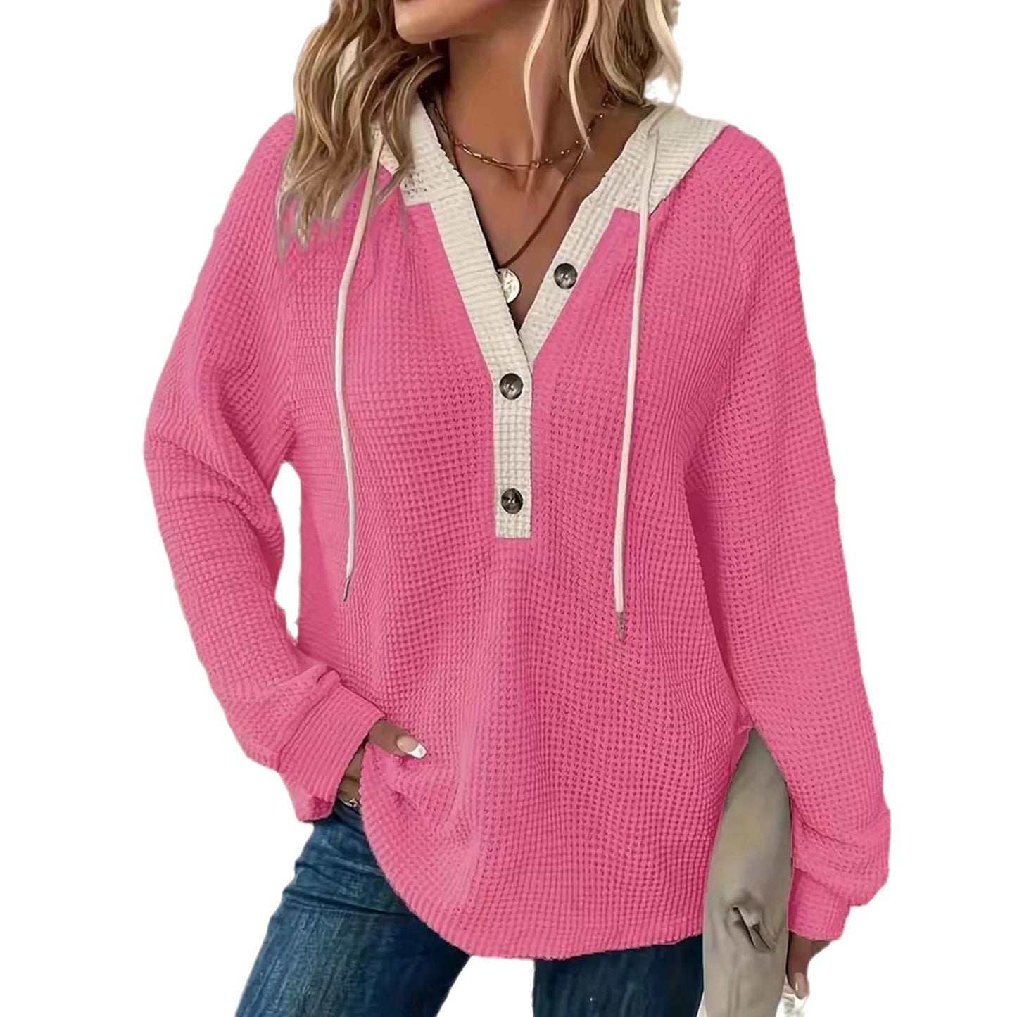 Women's Solid Color Waffle Hooded Button Loose Long Sleeve Sweatshirt