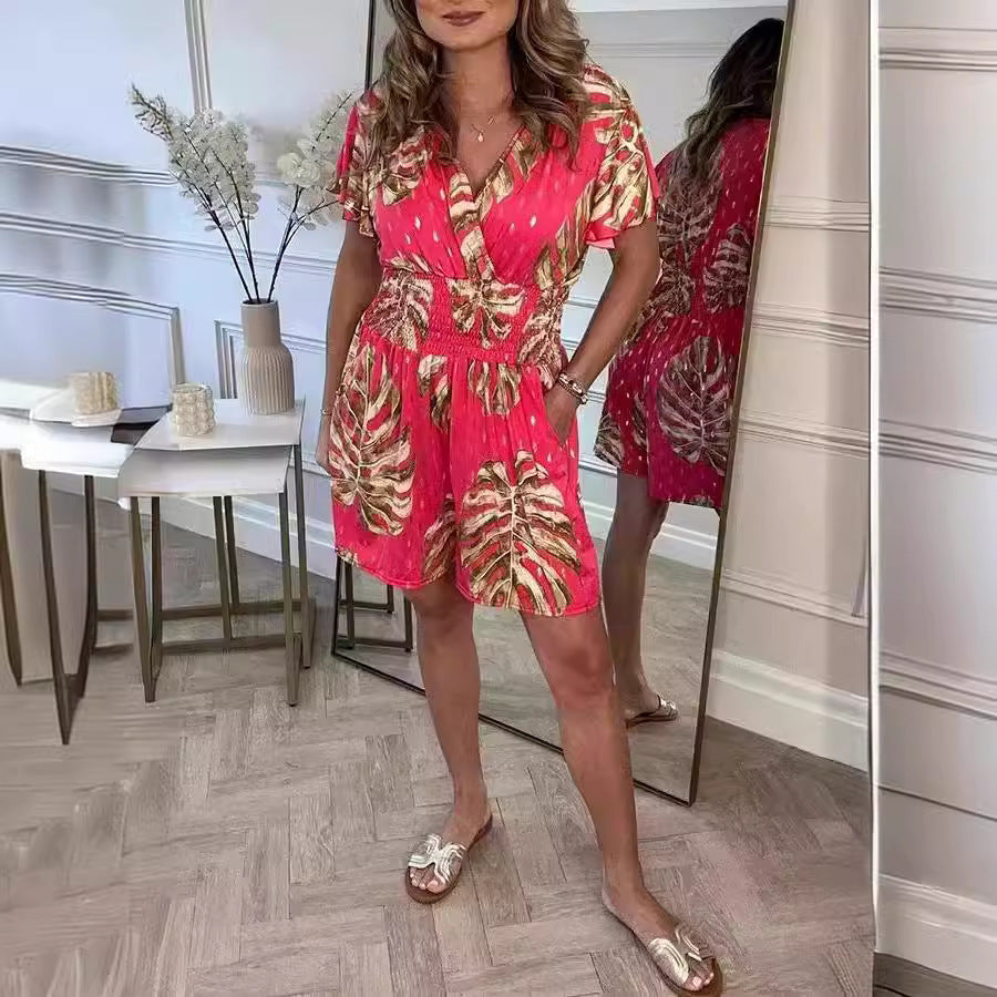 Leaf Print Shorts Jumpsuit Summer Beach Short-sleeved Bodysuit For Women Clothing JaysEssentials
