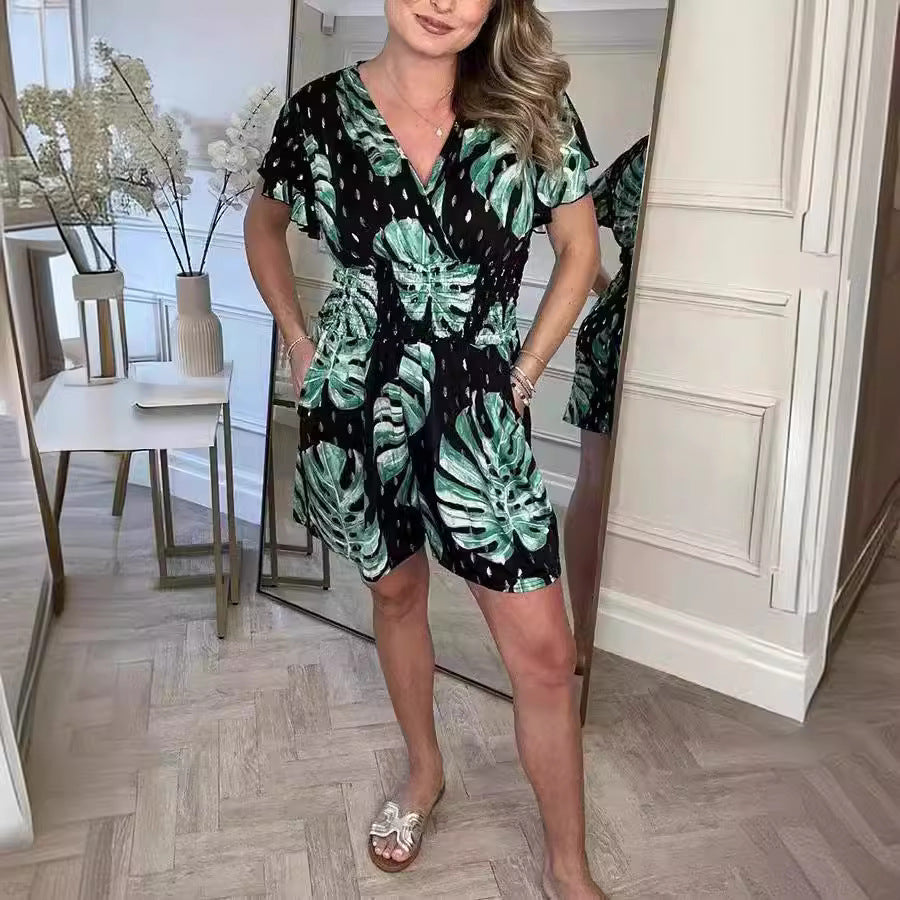 Leaf Print Shorts Jumpsuit Summer Beach Short-sleeved Bodysuit For Women Clothing JaysEssentials