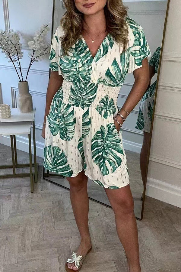 Leaf Print Shorts Jumpsuit Summer Beach Short-sleeved Bodysuit For Women Clothing JaysEssentials