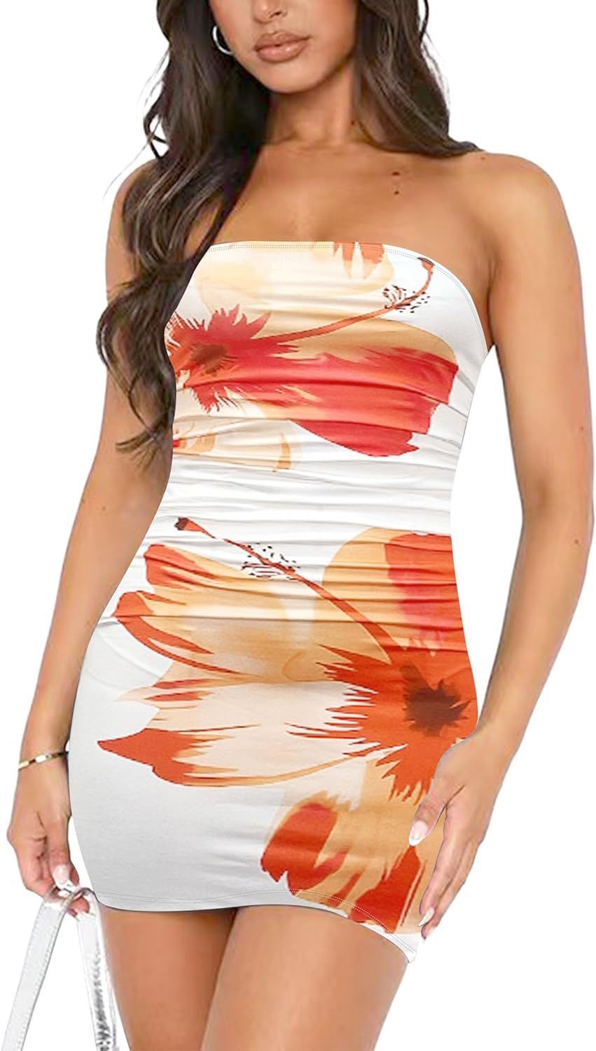 Tube Top Printed Pleated Pullover Hip Wrap Short Dress JaysEssentials