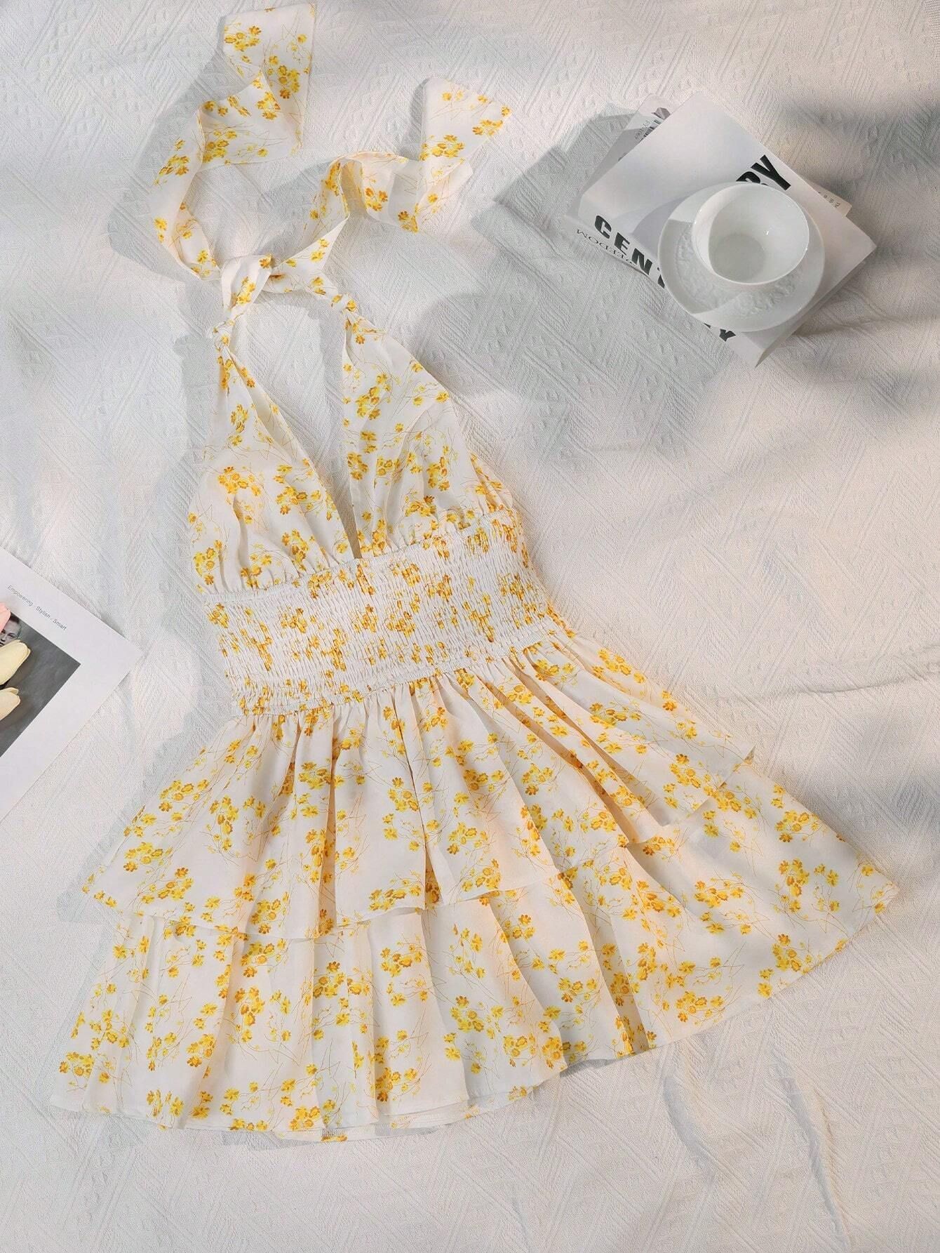 Women's Holiday Floral Flounce Halterneck Backless Dress