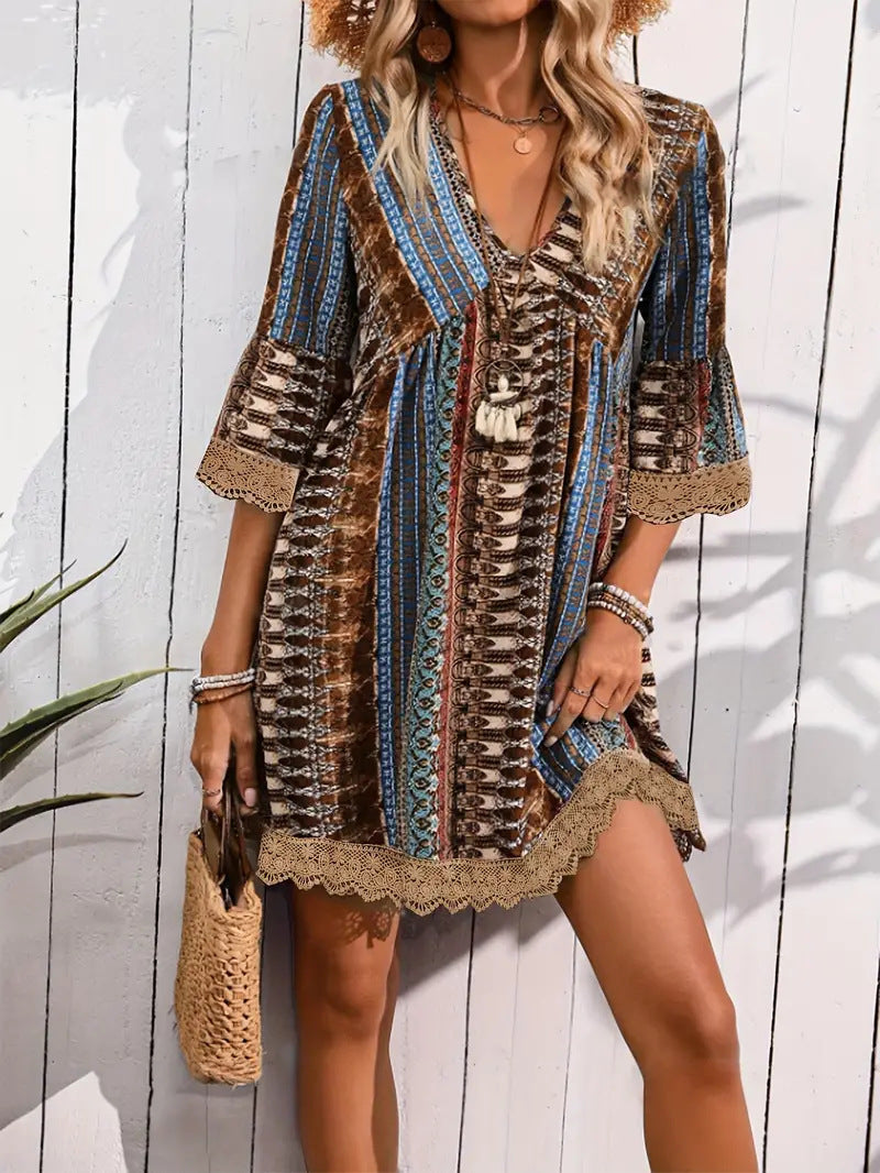 V-neck Printed Casual Loose Dress JaysEssentials