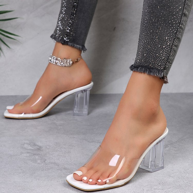 Square Head Transparent Wine Glass High Heel Slippers For Women