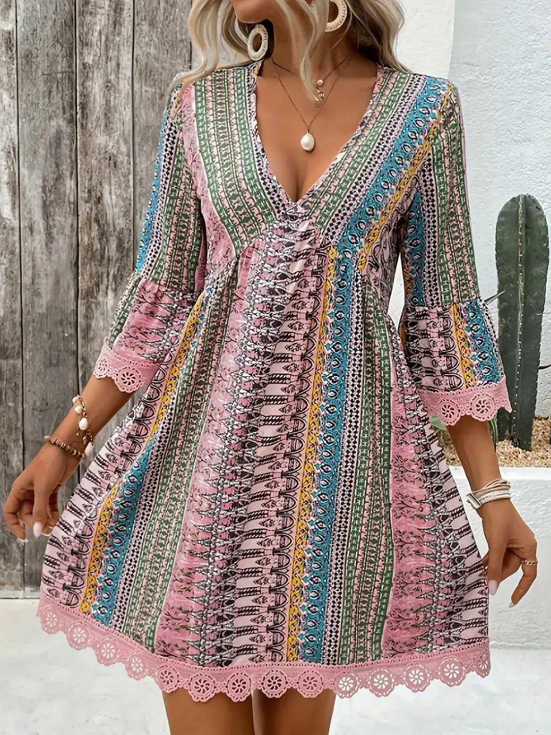 V-neck Printed Casual Loose Dress JaysEssentials