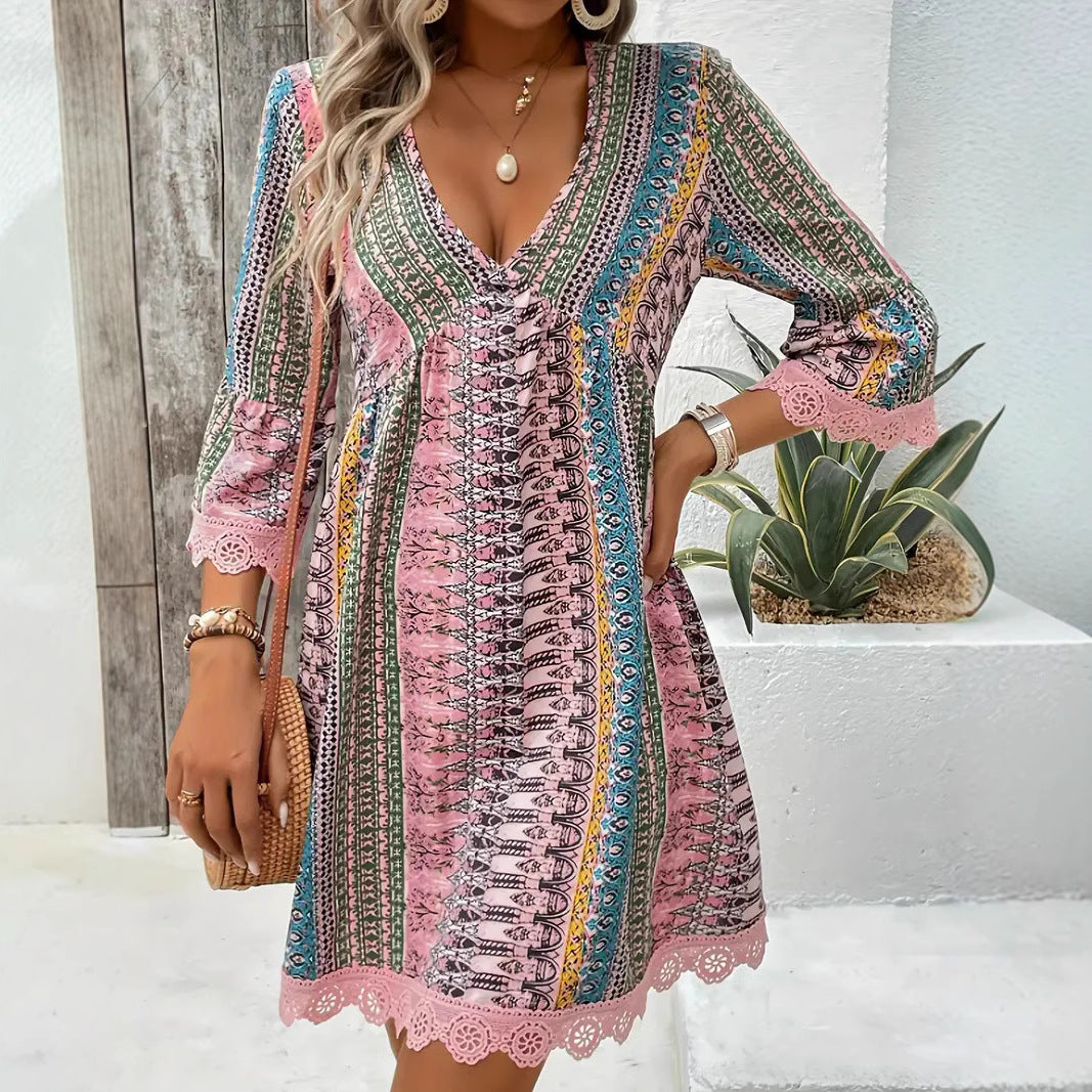 V-neck Printed Casual Loose Dress JaysEssentials