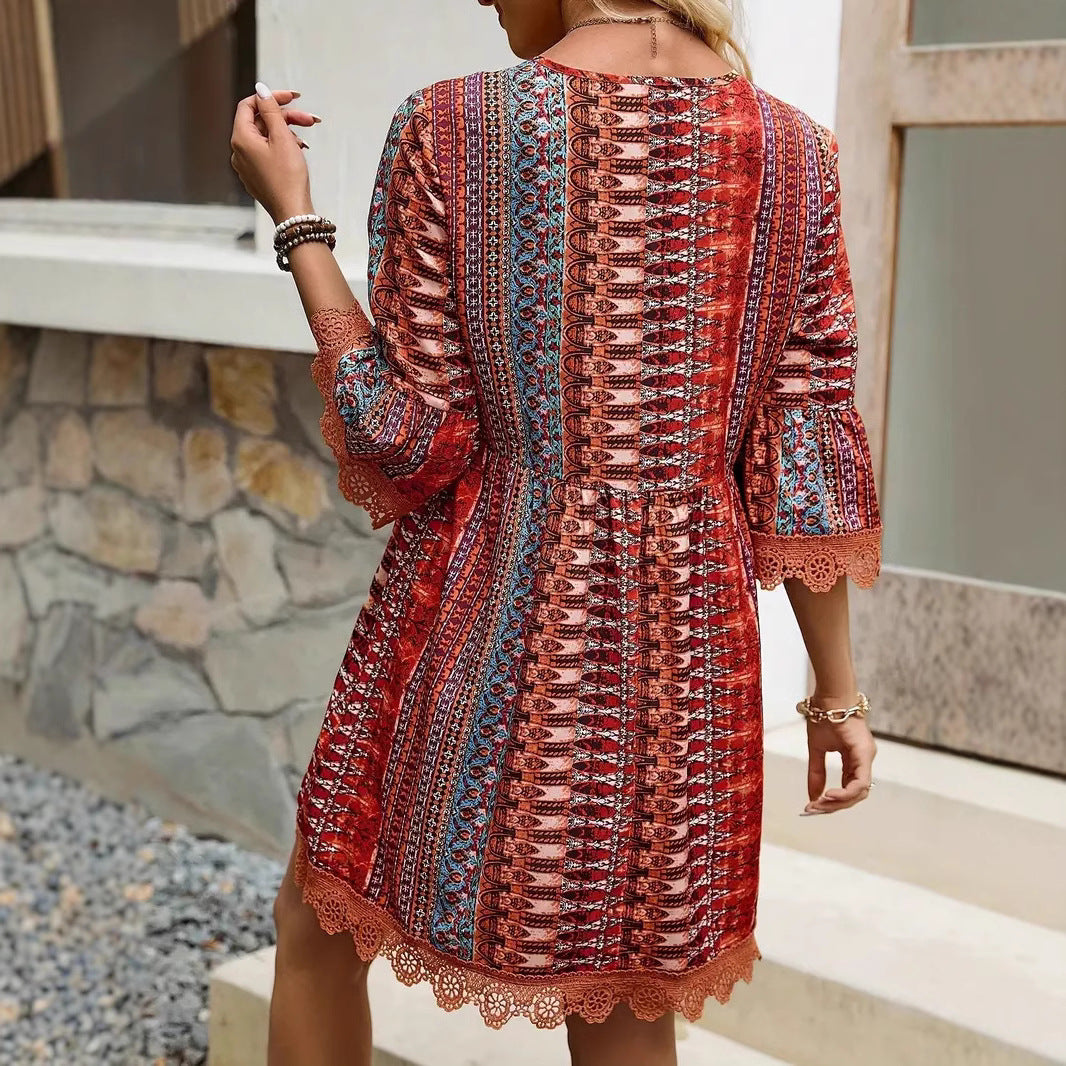 V-neck Printed Casual Loose Dress JaysEssentials