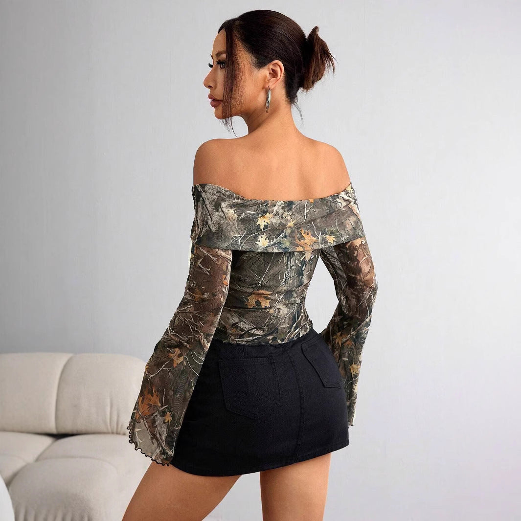 Mesh Printed Off Shoulder Long Sleeve Fitted T Shirt Top in Olive
