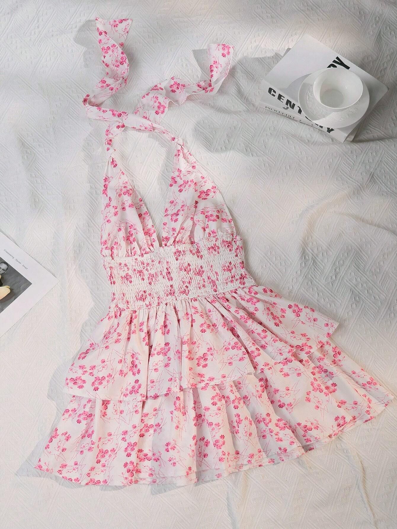 Women's Holiday Floral Flounce Halterneck Backless Dress