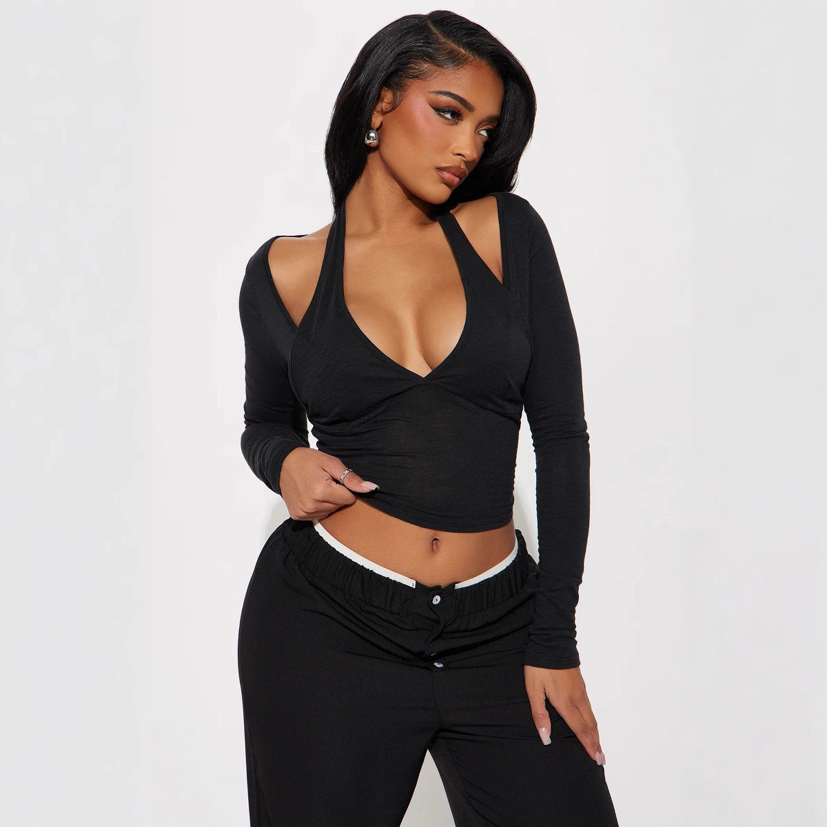 Women's Off The Shoulder V Neck Slim Fit Two Piece Top Long Sleeve