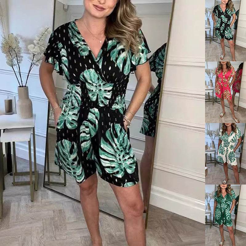 Leaf Print Shorts Jumpsuit Summer Beach Short-sleeved Bodysuit For Women Clothing JaysEssentials