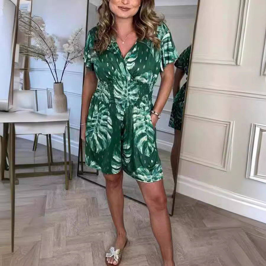 Leaf Print Shorts Jumpsuit Summer Beach Short-sleeved Bodysuit For Women Clothing JaysEssentials
