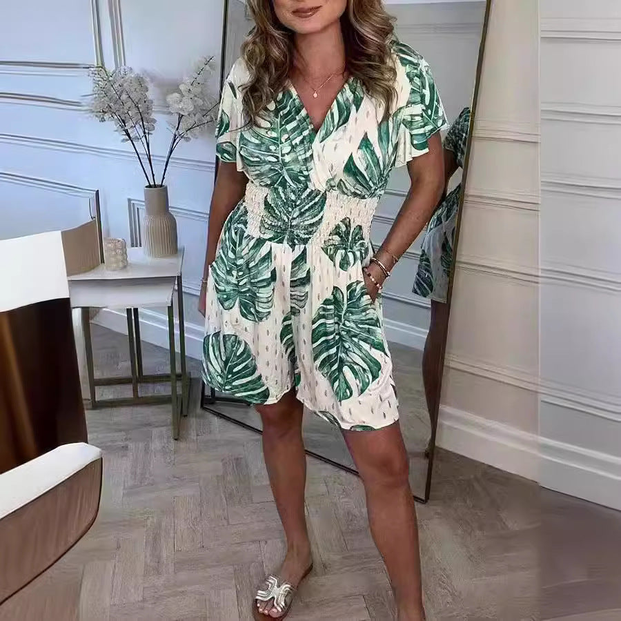 Leaf Print Shorts Jumpsuit Summer Beach Short-sleeved Bodysuit For Women Clothing JaysEssentials