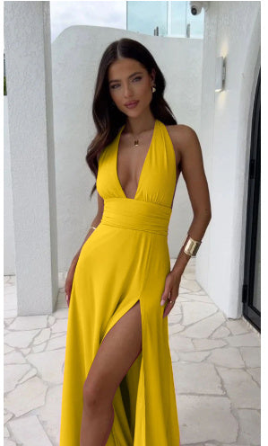 Sexy Halterneck V-neck Slit Dress Summer Backless Strappy