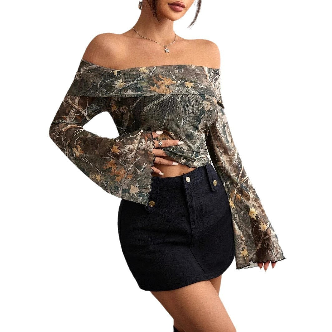 Mesh Printed Off Shoulder Long Sleeve Fitted T Shirt Top in Olive