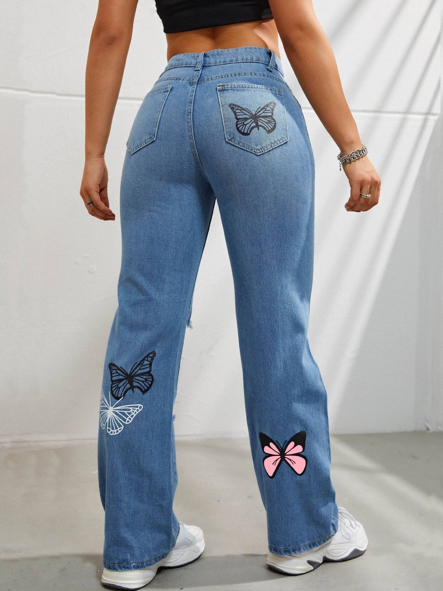 High Waisted Straight Leg Jeans For Women Trendy Butterfly Print Ripped Distressed Denim Pants JaysEssentials