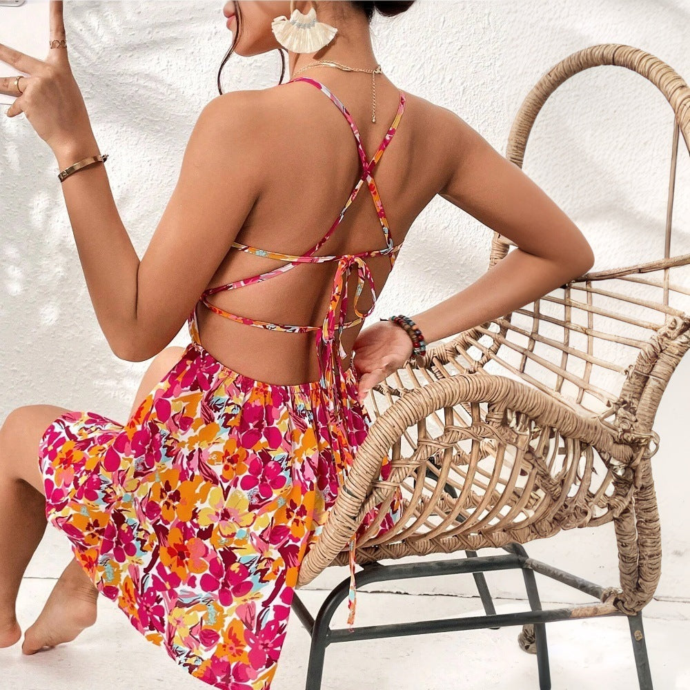Women's Floral Print Dress Summer Lace-up Back Seaside Holiday Short Dresses JaysEssentials
