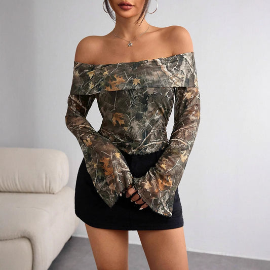 Mesh Printed Off Shoulder Long Sleeve Fitted T Shirt Top in Olive