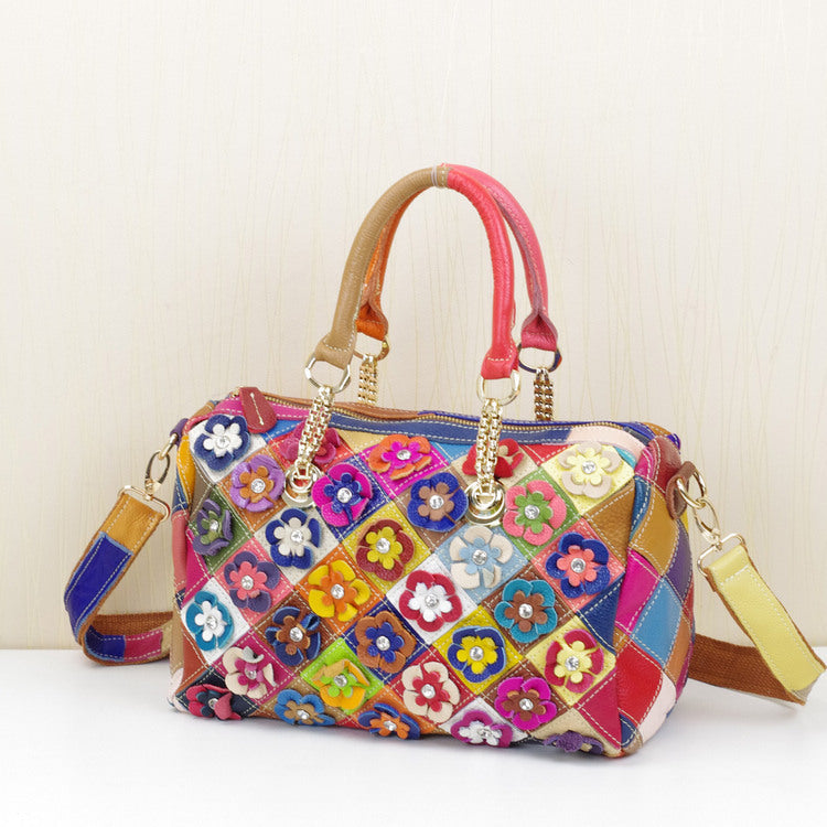 Cowhide Handbags Women's Shoulder Bag Contrasting Color Floral Design