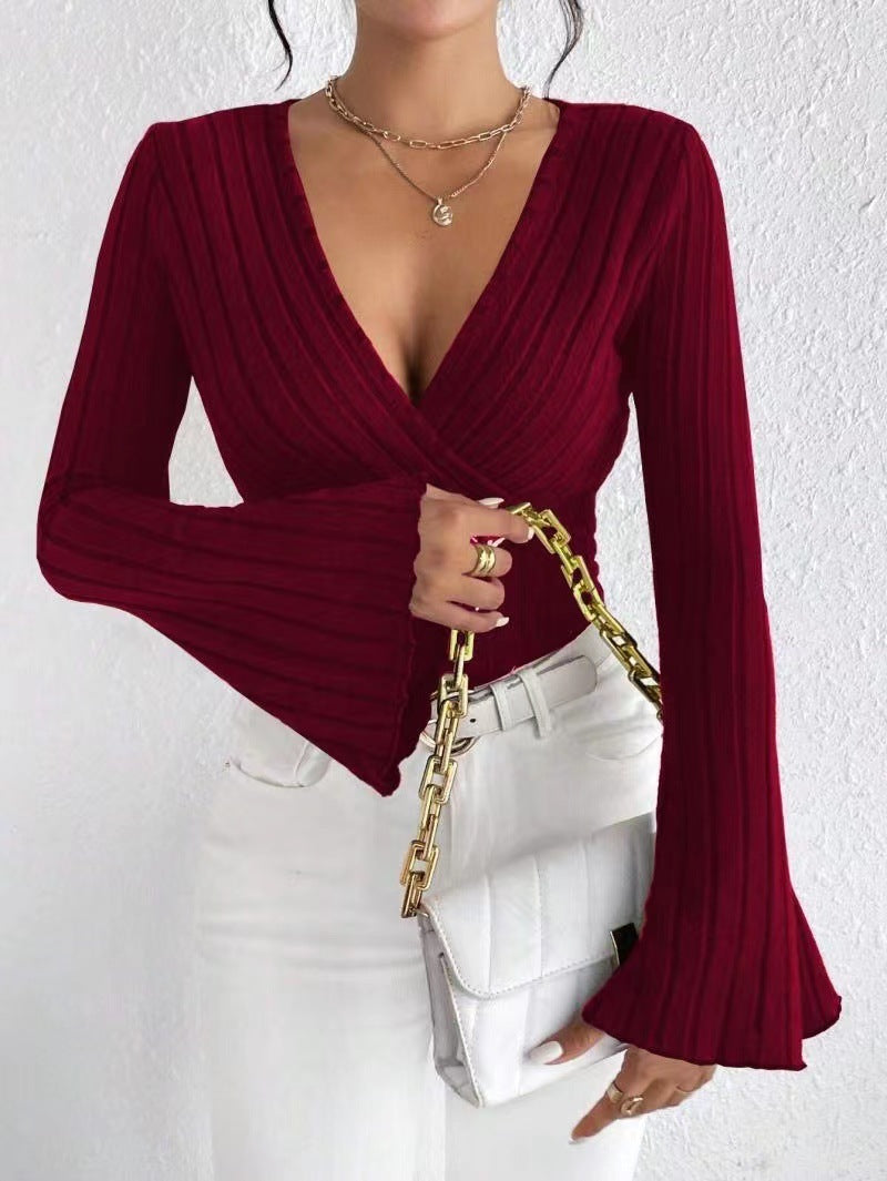 Women's Autumn Winter Ribbed Sunken Stripe V Neck Slim Fit Long Sleeve T Shirt