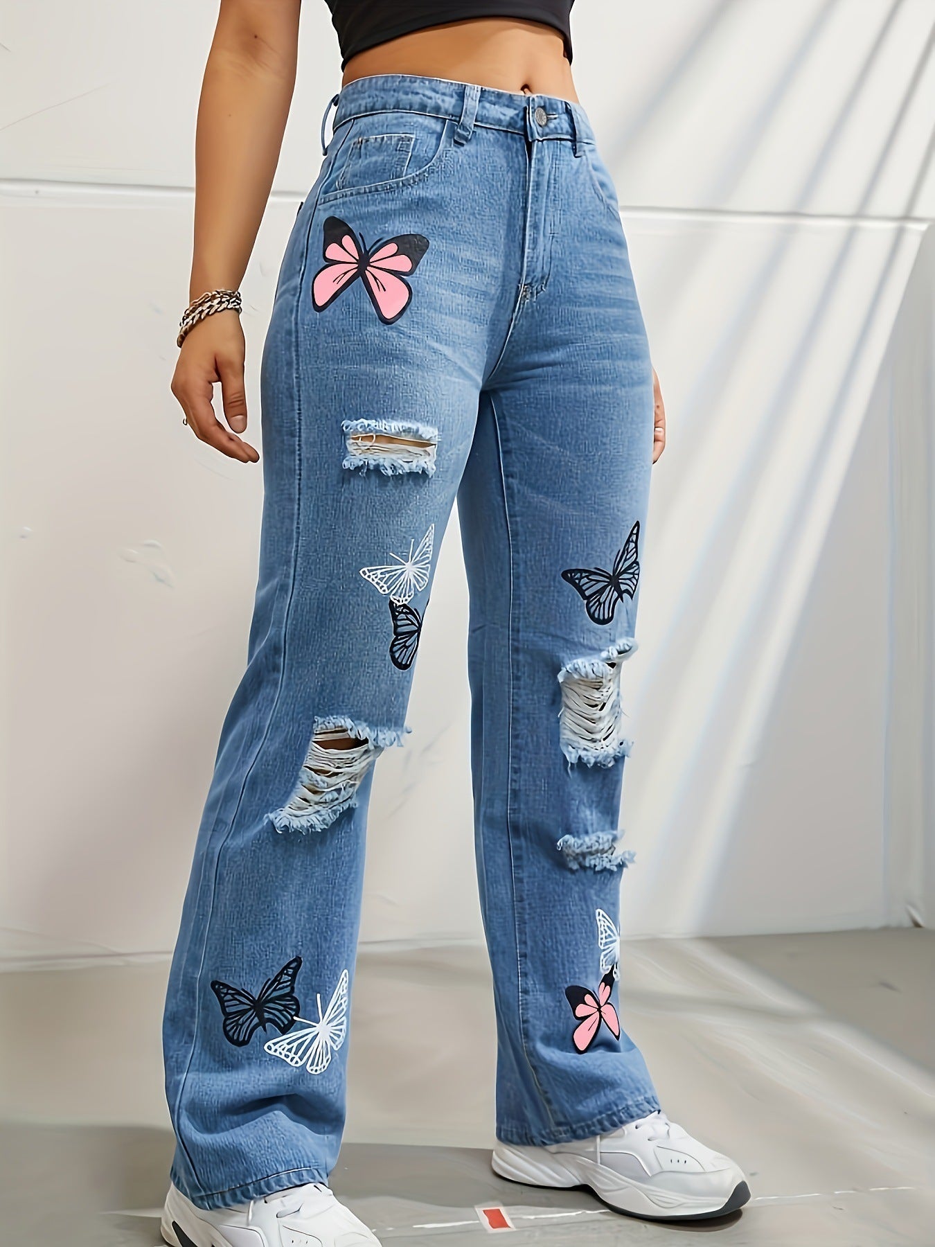 High Waisted Straight Leg Jeans For Women Trendy Butterfly Print Ripped Distressed Denim Pants JaysEssentials