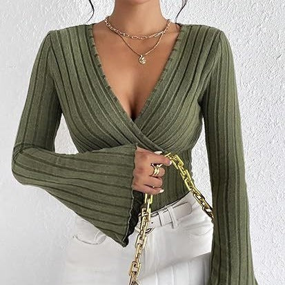 Women's Autumn Winter Ribbed Sunken Stripe V Neck Slim Fit Long Sleeve T Shirt