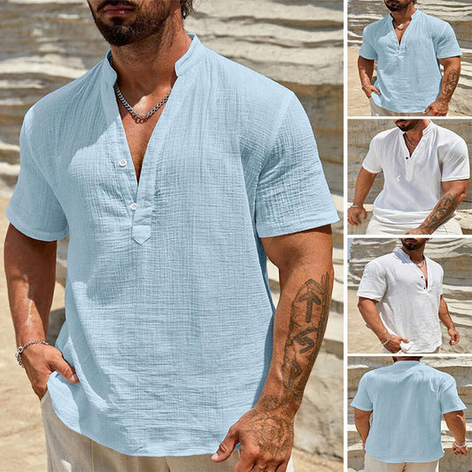 Mens Cotton And Linen Double Layer Solid Color Cuban Collar Short Sleeve Shirt
