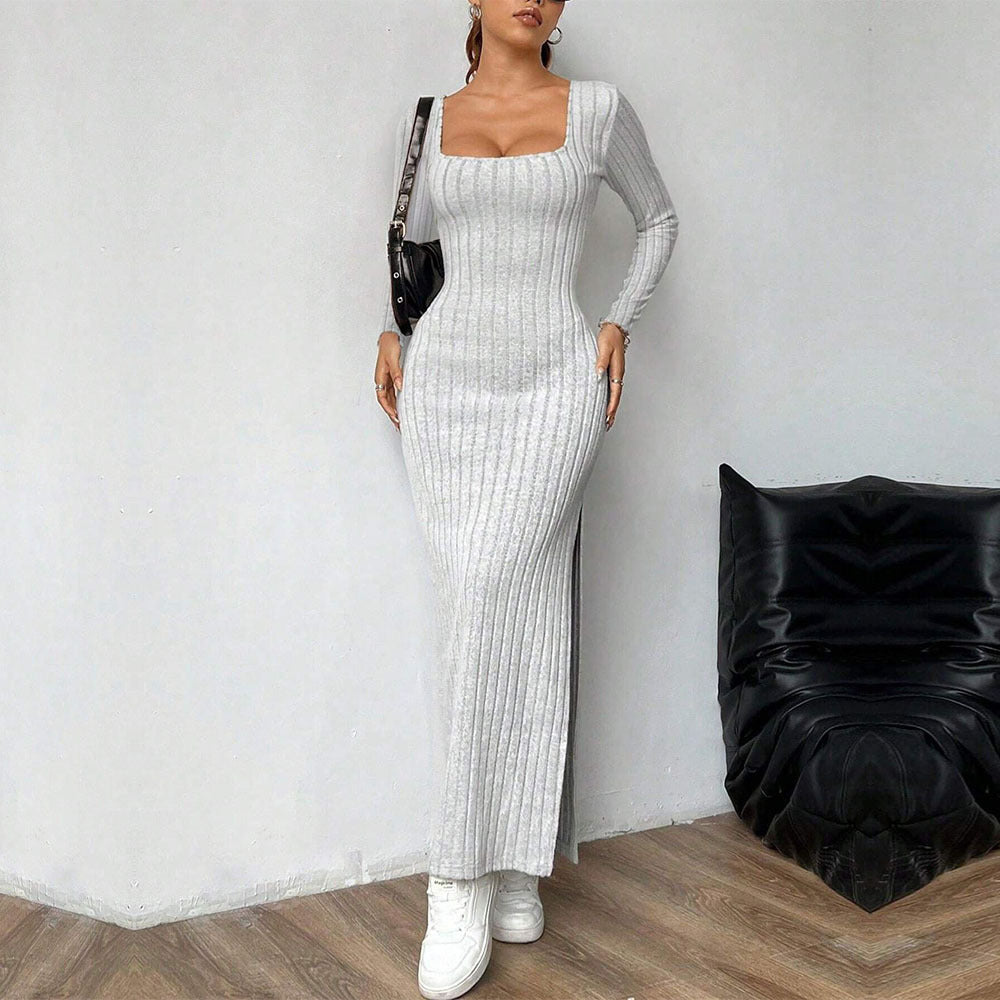 Women's Gray Simple Square Collar Backless Dress with Long Sleeves and High Waist