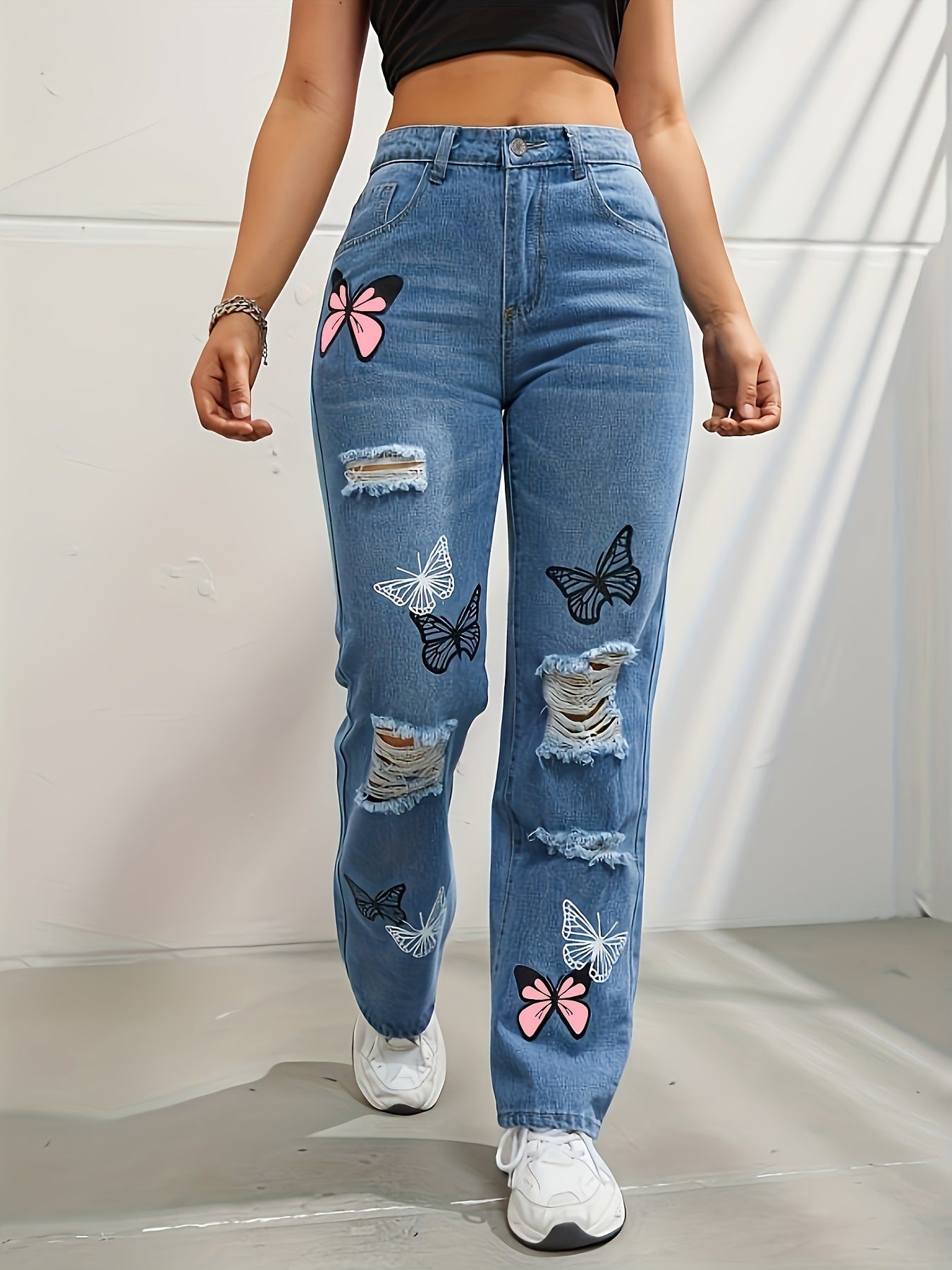 High Waisted Straight Leg Jeans For Women Trendy Butterfly Print Ripped Distressed Denim Pants JaysEssentials