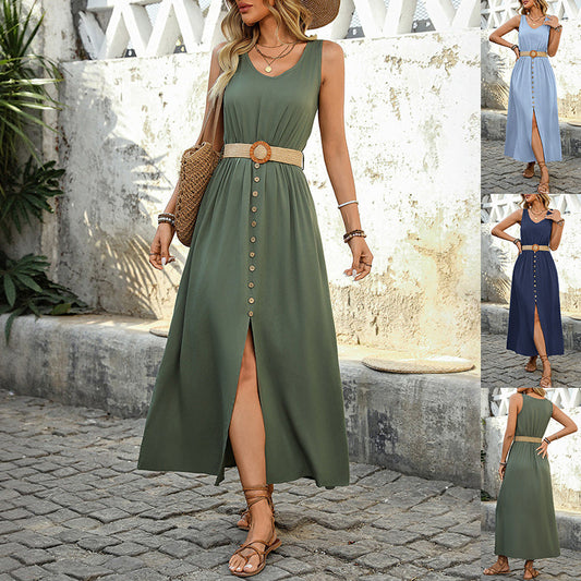Summer Round-neck Sleeveless Split Dress With Button Design Fashion Solid Beach Long Dresses For Women Clothing JaysEssentials
