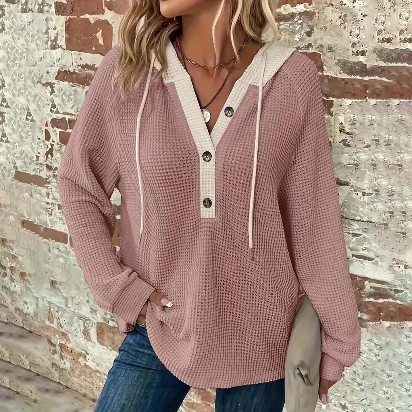 Women's Solid Color Waffle Hooded Button Loose Long Sleeve Sweatshirt