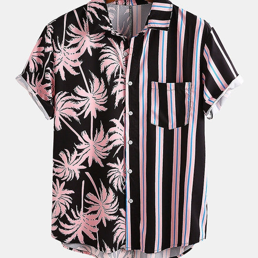 Men Clothing Summer New Men's Coconut Print Striped Shirt
