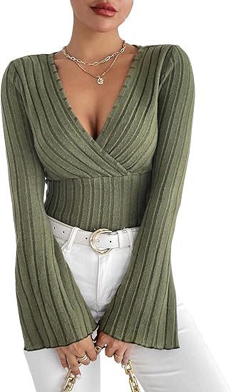 Women's Autumn Winter Ribbed Sunken Stripe V Neck Slim Fit Long Sleeve T Shirt