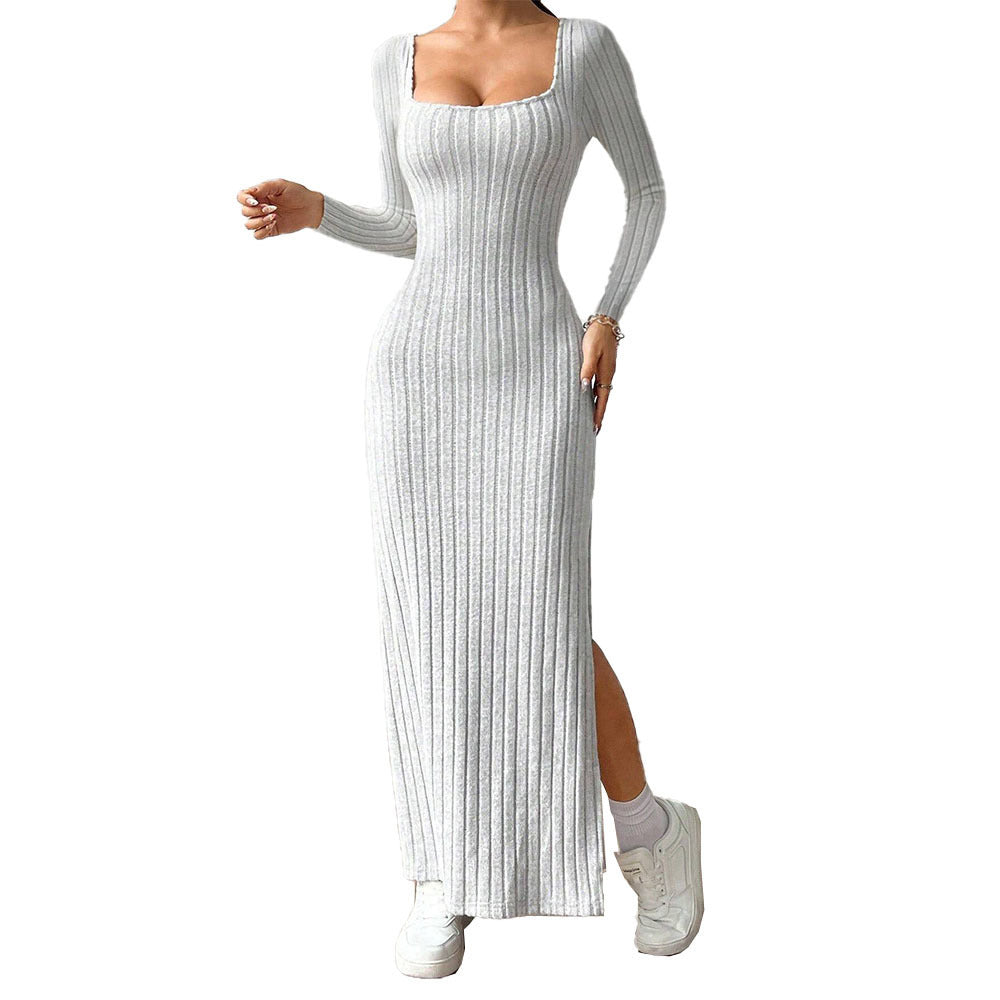 Women's Gray Simple Square Collar Backless Dress with Long Sleeves and High Waist