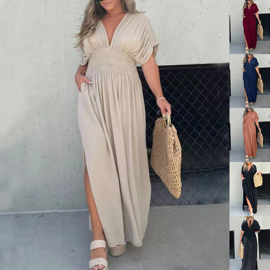 Fashion Bat-Sleeved V-Neck Slit Dress Summer Short Sleeve Elastic Waist Long Dresses for Women