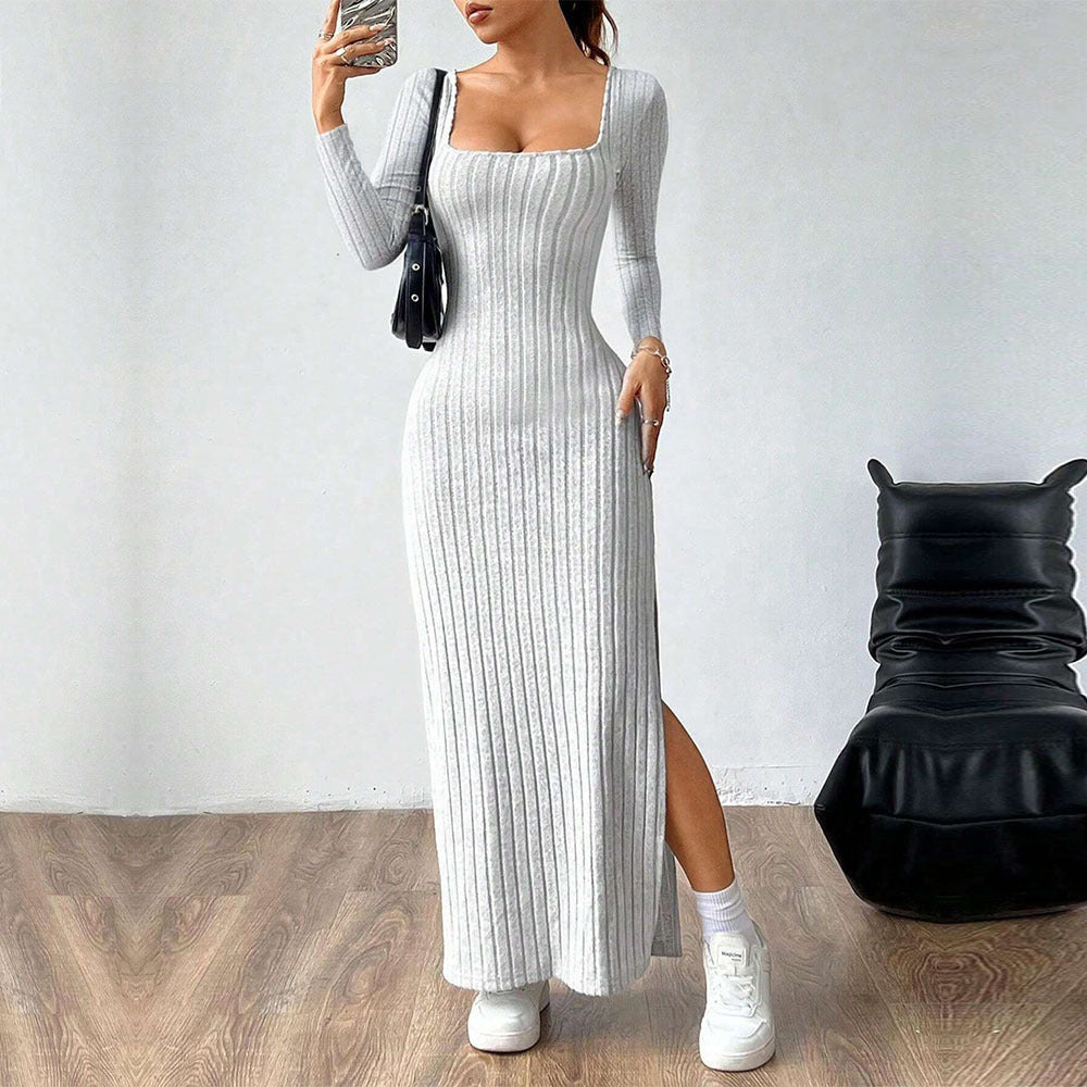 Women's Gray Simple Square Collar Backless Dress with Long Sleeves and High Waist