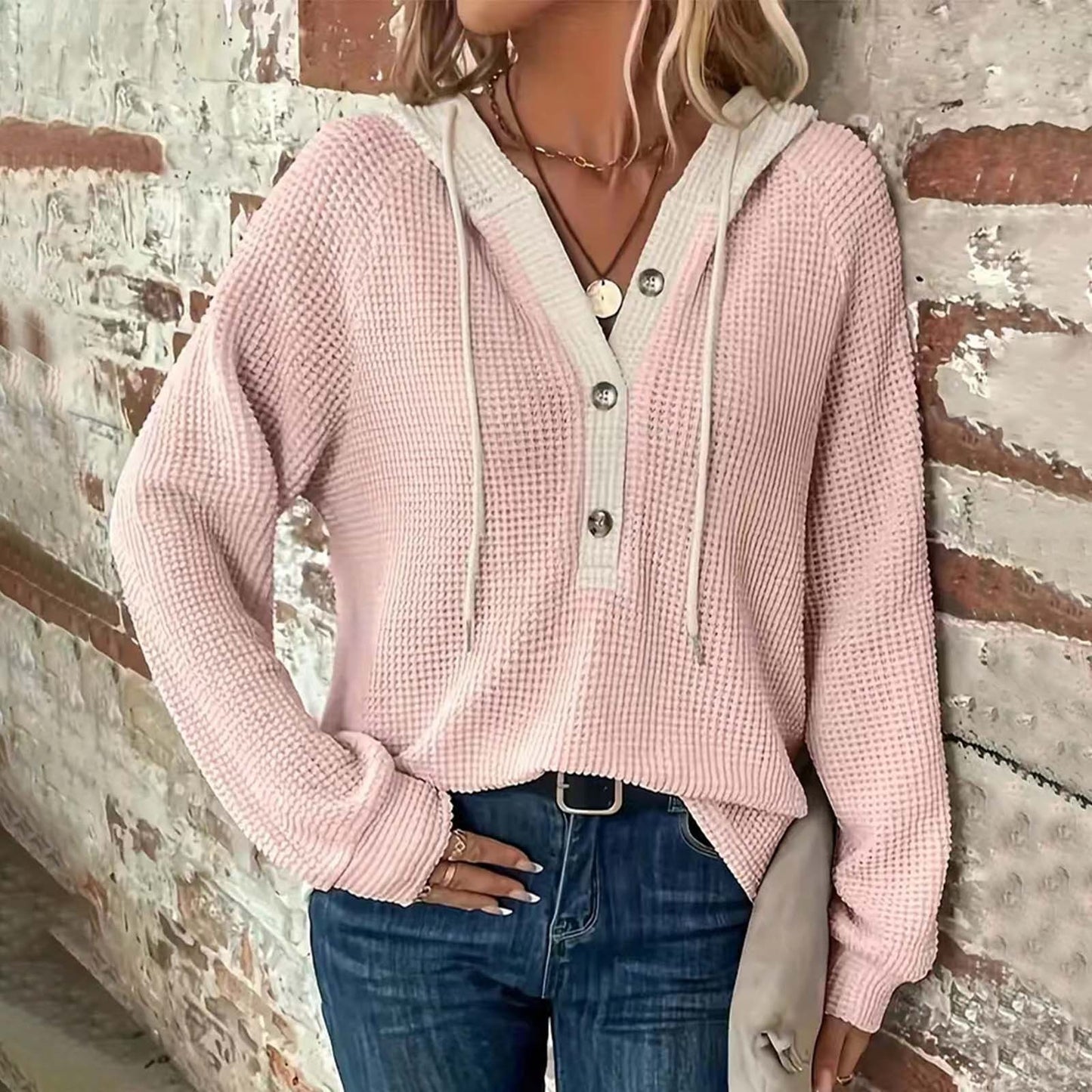 Women's Solid Color Waffle Hooded Button Loose Long Sleeve Sweatshirt