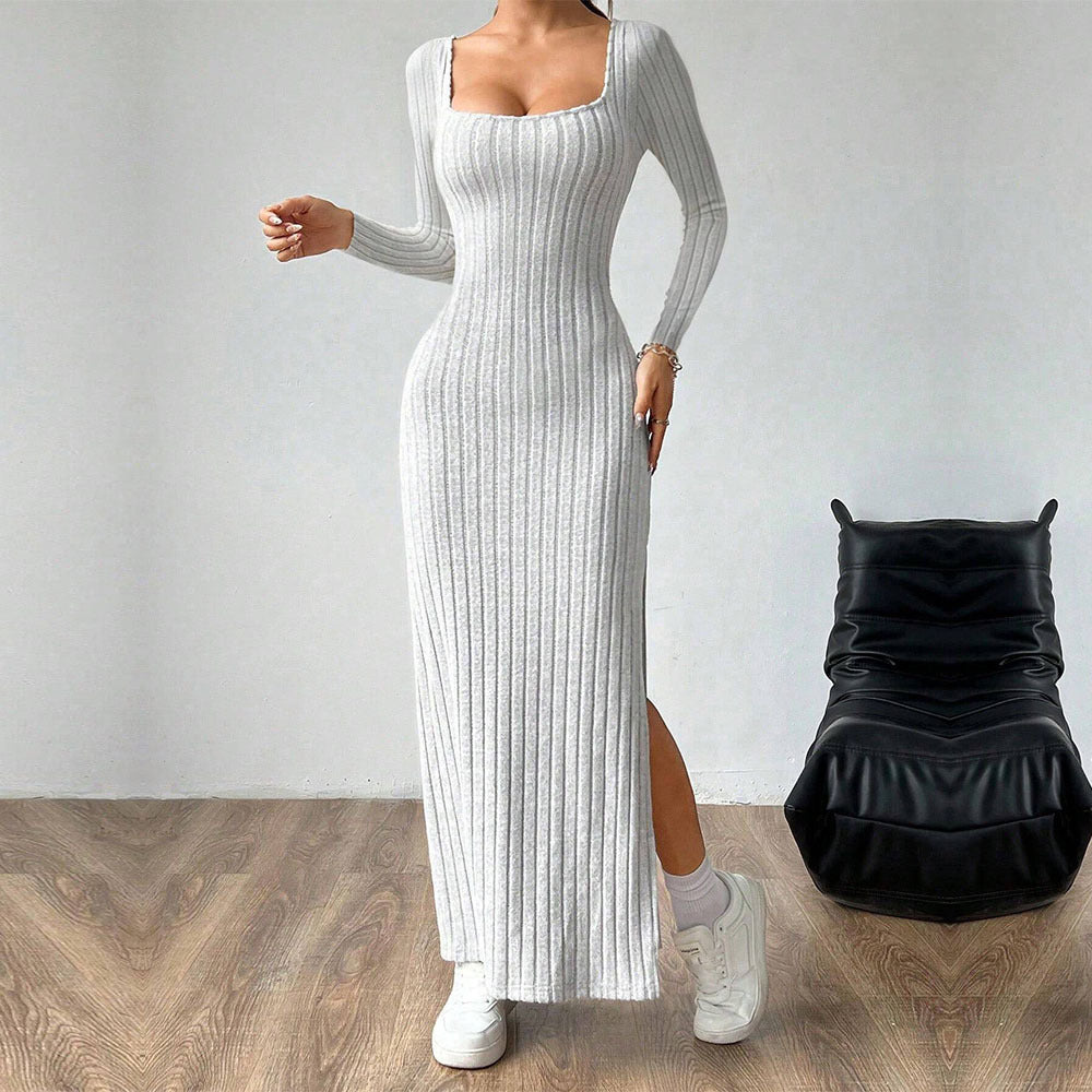 Women's Gray Simple Square Collar Backless Dress with Long Sleeves and High Waist