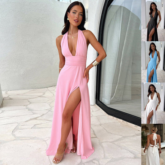 Sexy Halterneck V-neck Slit Dress Summer Backless Strappy
